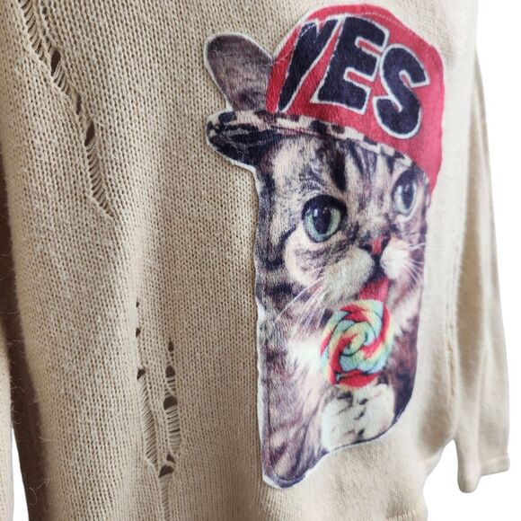 Y2K-Whimsical Yes Cat Lollipop V-Neck Sweater-Shred Knit-Beige-OS-Grunge-Novelty - Picture 6 of 12